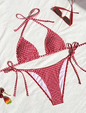 Conjunto de bikini de rayas rojas y blancas para mujer, conjunto de 2 piezas con tirantes finos, cuello halter, a cuadros y con cordones, para verano, - Shein - FashionsVida