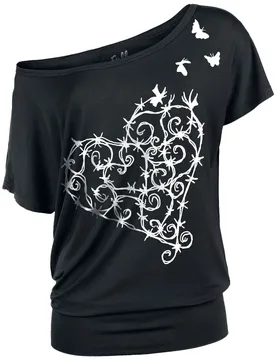 T-Shirt - T-Shirt mit verspieltem Stacheldraht-Herz - S bis 5XL - für Damen - Größe XL - schwarz - Frauen - female - Full Volume by EMP - FashionsVida