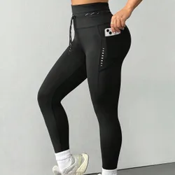 Leggings de mujer de unicolor con cordón en la cintura y bolsillos, pantalones casuales y de fitness para yoga