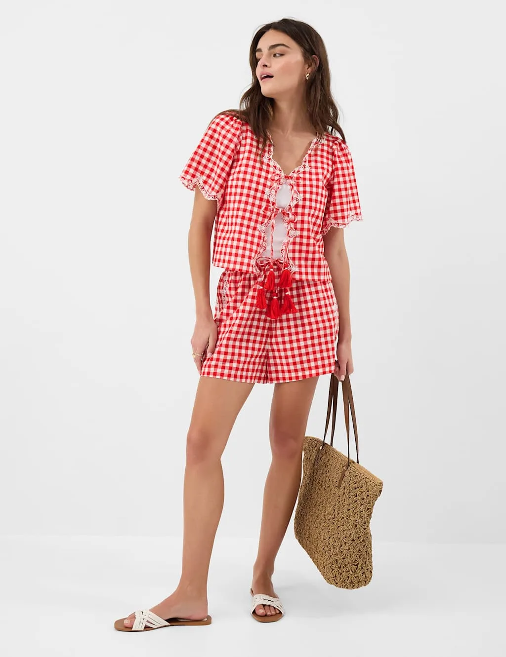 Pure Cotton Gingham Tie Front Blouse Red Mix female - Accessorize - FashionsVida