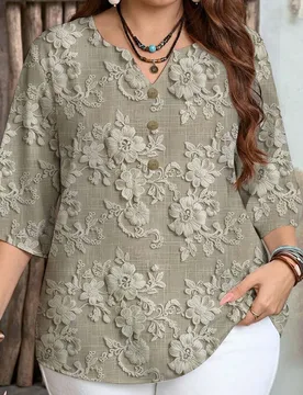 Camisa casual de corte holgado con estampado de textura tipo bordado elegante y romántico, adecuada para primavera y otoño, talla grande 1XL - Shein - FashionsVida