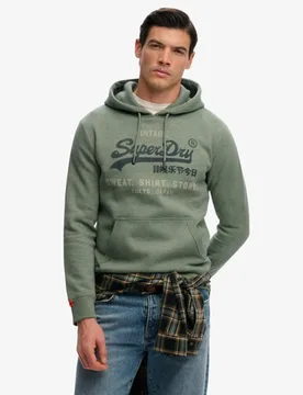 Superdry Herren Baumwolle Logo Druck Lässiges Vintage Heritage Kapuzenpullover, Grün & Schwarz - Größe: M - 79.99 - FashionsVida