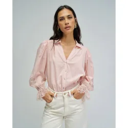 Camisa con encaje de mujer de manga larga abullonada
