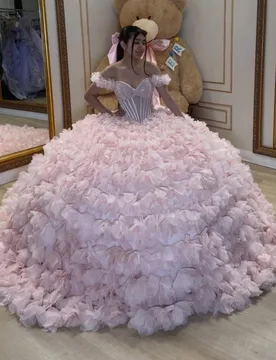 Light Pink Ball Gown Quinceanera Dresses Beading Crystal Tiered Tull Corset Off Shoulder Sweet 16 Dress Vestidos 15 De Anos - Aliexpress - FashionsVida