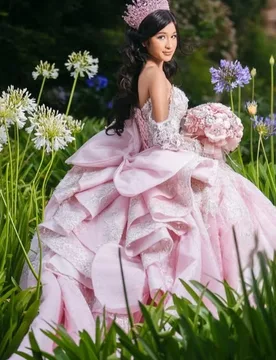 Shiny Pink Quinceanera Dress off-shoulder Lace flower decal Long tail multiple bows vestidos de 15 Quinceanera ﻿Customize - Aliexpress - FashionsVida