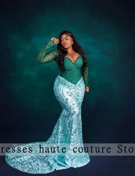 ASO Oke V Neck Long Sleeve Two Tone Green Beaded Mermaid Evening Dress Lace Nigerian Wedding Plus Size Formal Gown Customized - Aliexpress - FashionsVida