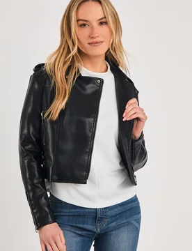 Womens Black Faux Leather Biker Jacket - Size X-Large - French connection - FashionsVida