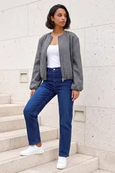 Women's Herringbone Bomber Jacket in Grey Size: 12 - Grey - Size: 12