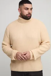 Herren Plus Basic Regular Fit Gerippter Rollkragen-Pullover Sand Größe 5XL