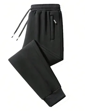 Pantalones de chándal holgados y casuales para hombre, tela suave, bolsillos laterales con cremallera, cintura con cordón, unicolor negro deportivo - Shein - FashionsVida