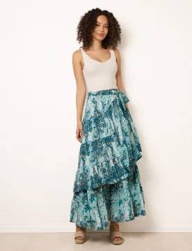 Wrap Metallic Tiered Skirt - ONE / BLUE - female - Blue Vanilla - FashionsVida