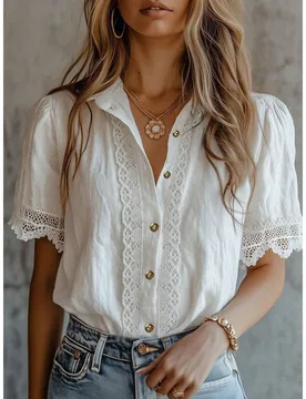 Blusa elegante de mujer de unicolor con bordado, encaje calado y parches, adecuada para el hogar, uso diario y todas las estaciones, color blanco de v - Shein - FashionsVida
