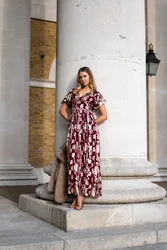 Womens Burgundy Metallic Jacquard Flutter Sleeves Floral Maxi Dress - Size 14 Uk