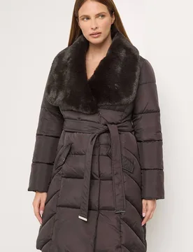 Women's Fur Collar Padded Coat in Chocolate Size: 14 - Chocolate - Size: 14 - Star by Julien Macdonald - FashionsVida