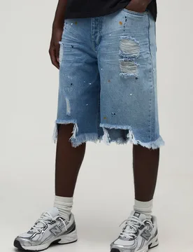 Herren Normal Geschnittene Jeans Hosen-Shorts Mit Rissen Washed Light Blue Größe 34 - boohooMAN - FashionsVida