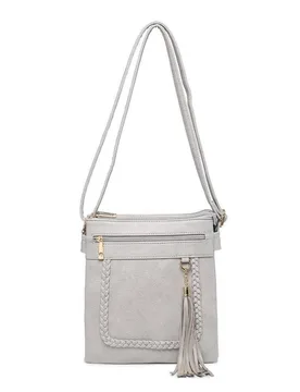 Women's Braided Trim Double Compartment Crossbody Bag with Tassel Charm in Grey - Grey - Size: One Size - Kitise - FashionsVida