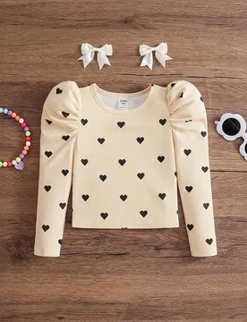 Camiseta casual de cuello cuadrado con manga gigot y estampado de corazón para niña 7Y - Shein - FashionsVida