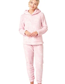 Womens Pastel Animal Print Long Sleeve Hooded Pyjama Set - Pink - Size Medium - Marlon - FashionsVida