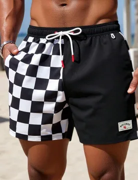Pantalones cortos de playa para hombre con estampado de letras & cuadros, cintura con cordón, pantalones cortos negros y blancos, bañadores de cuadr - Shein - FashionsVida