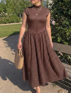 Vestido casual retro de lunares de tela de punto elástica para mujer talla grande, adecuado para primavera/verano, vacaciones, citas, fiestas 1XL - Shein - FashionsVida