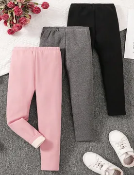 Conjunto de 3 piezas para niña joven, leggings casuales ajustados de unicolor para otoño e invierno, con forro térmico y engrosados 7Y - Shein - FashionsVida