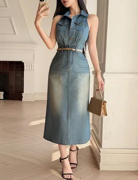 Vestido vaquero casual de mujer con pliegues y bolsillos, sin mangas, vestidos de verano para mujeres L - Shein - FashionsVida