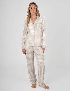 Pijama de mujer de cuadros con camisa abotonada y pantalón largo con bolsillos - Massana - FashionsVida