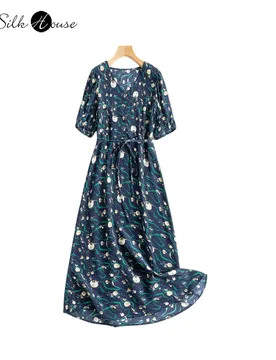French Elegant 100% Natural Mulberry Silk Crepe De Chine Blue Small Floral V-neck Bubble Sleeve Women's Casual Dress - Aliexpress - FashionsVida