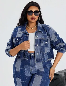 Chaqueta de mezclilla azul claro para mujer talla grande, tejido jacquard personalizado, manga corta, estilo vaquero casual normal 4XL - Shein - FashionsVida