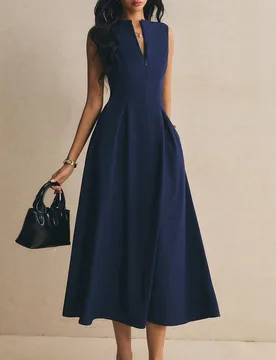 Vestido largo elegante y maduro para mujer, color liso, diseño con cremallera, sin mangas, azul marino, para oficina, fiesta de té, cena, cita, vera - Shein - FashionsVida