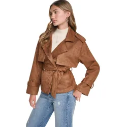 Chaqueta de mujer cruzada con detalle de cinturón a tono y trabillas en los puños