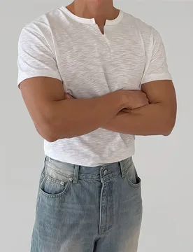 Men Plus Size 150kg Slim Fit Short Sleeve T‑Shirt Summer Textured Fabric Notch V Neck Casual Trendy Cool Guy Style Solid New Top - Aliexpress - FashionsVida