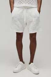 Herren Entspannte Karierte Gestrickte Shorts Ecru Größe XS