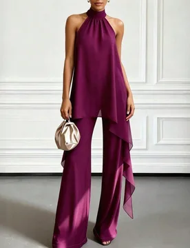 Conjunto elegante de verano de dos piezas en color púrpura con cuello halter asimétrico, top sin mangas de cuello alto asimétrico con pantalones de - Shein - FashionsVida
