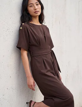 Women's Petite Tie Waist Dress in Chocolate Size: 14 - Chocolate - Size: 14 - Roman - FashionsVida