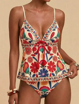 Conjunto de traje de baño tankini con estampado floral anudado para mujer, estilo boho tropical, beige, para vacaciones de verano, playa, fiesta en l - Shein - FashionsVida