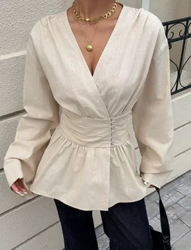 Camisa ajustada de manga acampanada con cuello en V y cintura ceñida, 100% algodón, suave y amigable con la piel, color albaricoque, adecuada para e - Shein - FashionsVida