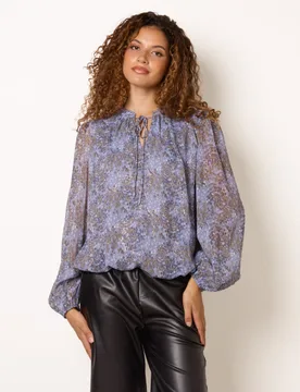 Metallic Leopard Print Tie Neck Puff Ball Blouse - L / DENIM - female - Blue Vanilla - FashionsVida