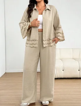 Conjunto de 2 piezas para mujer talla grande, camisa con botones, patchwork bordado y pantalones de pierna ancha, estilo casual, holgado, cómodo, bá - Shein - FashionsVida