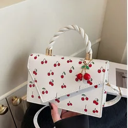 Cartera con estampado de cerezas lindo para niñas, bolso de mano de mujer con asa tejida, bolso de mujer asimétrico, bolso de hombro de mujer con so