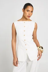 Womens Boat Neck Longline Waistcoat - White - Size 10 Uk