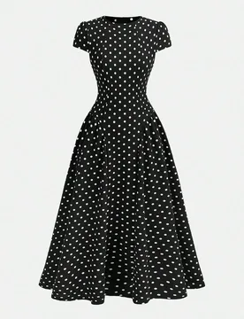 Vestido para niñas y adolescentes con estética de chica elegante y limpia, estampado de lunares negros, cuello redondo y manga corta, para verano, v - Shein - FashionsVida