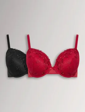 Women's 2 Pack Floral Embroidered Padded Bras in Red Size: 44F - Red - Size: 44F - Yours - FashionsVida