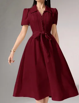 Vestido elegante de media longitud para mujer de unicolor con mangas cortas abullonadas y encaje en contraste M - Shein - FashionsVida