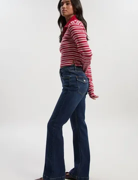 Womens Petite Mid Rise Y2k Bootcut Jean - Indigo Blue Cotton - Size 14 Uk - Boohoo - FashionsVida