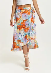 Women's Multicolour Floral Print Midi Wrap Skirt Size: 12 - Multicolor - Size: 12