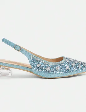 Zapatos de tacón alto azul con punta puntiaguda de cristal y strass para mujer, adecuados para salidas, banquetes, fiestas y otros eventos EUR35 - Shein - FashionsVida