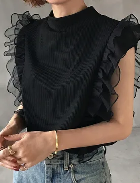 Camiseta sin mangas para mujer de cuello semi-alto acanalado con patchwork en los hombros, ribete de volantes de malla multicapa, elegante para salir, - Shein - FashionsVida