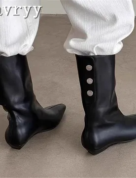 Square Toe Heel Sleeve Middle Calf Boots Women Fashionable New Solid Color Genuine Leather Button Chelsea Boots - Aliexpress - FashionsVida