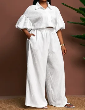 Conjunto de 2 piezas de Camisa de manga abullonada suelta blanca y pantalón de pierna ancha, Atuendo de verano - Nuevo festival de música de primave - Shein - FashionsVida